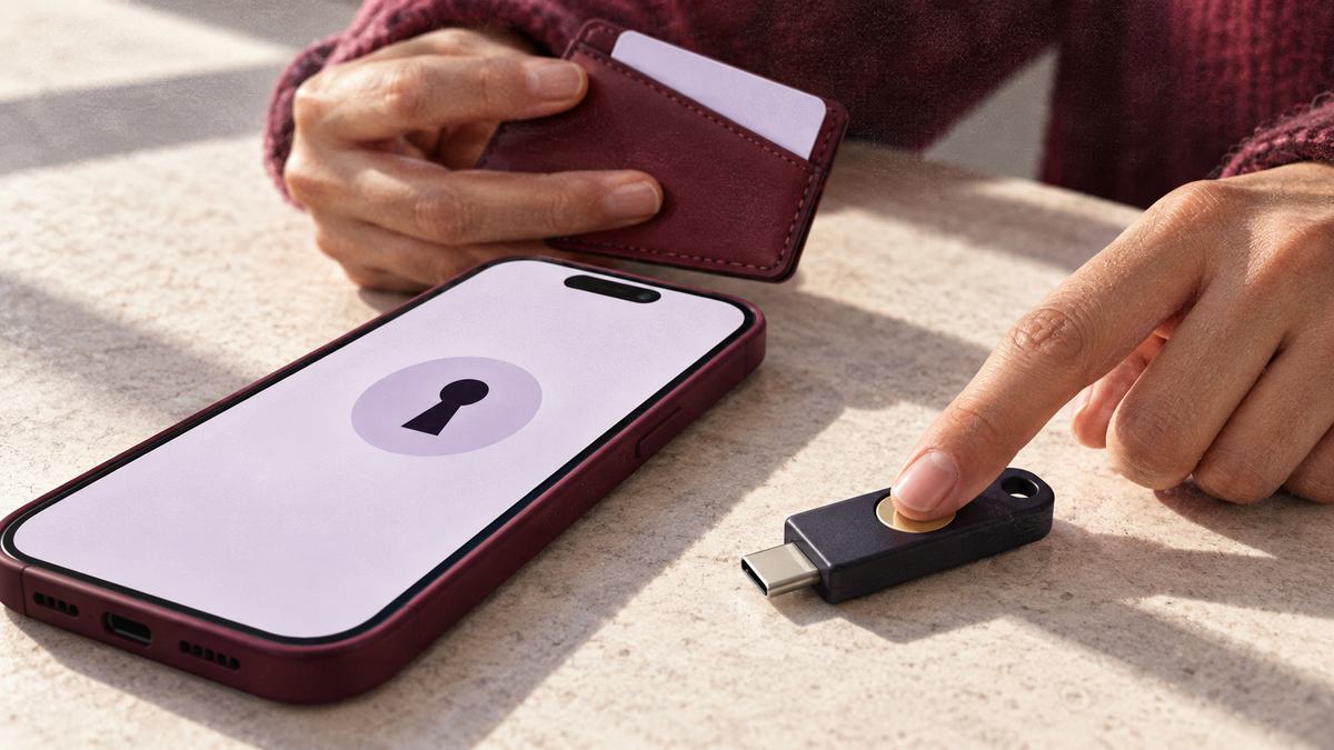 Hands use a security key beside a phone and card wallet.