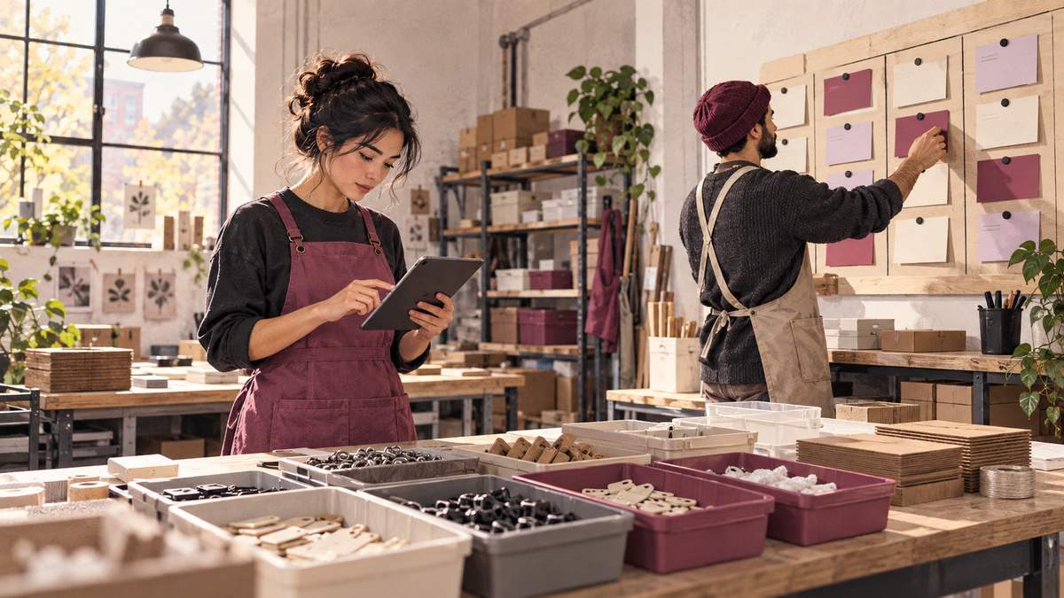 Two workshop workers use a tablet and a physical task board while sorting materials.