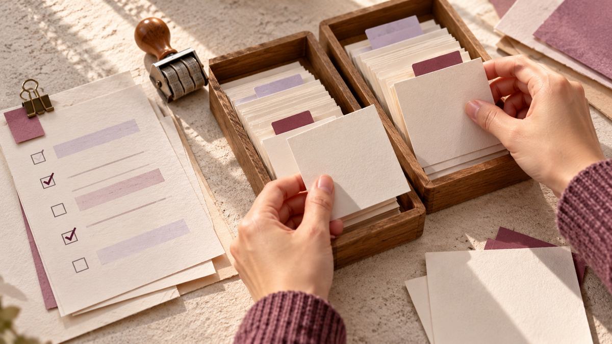Hands sorting evaluation cards into wooden trays beside a paper checklist and date stamp.