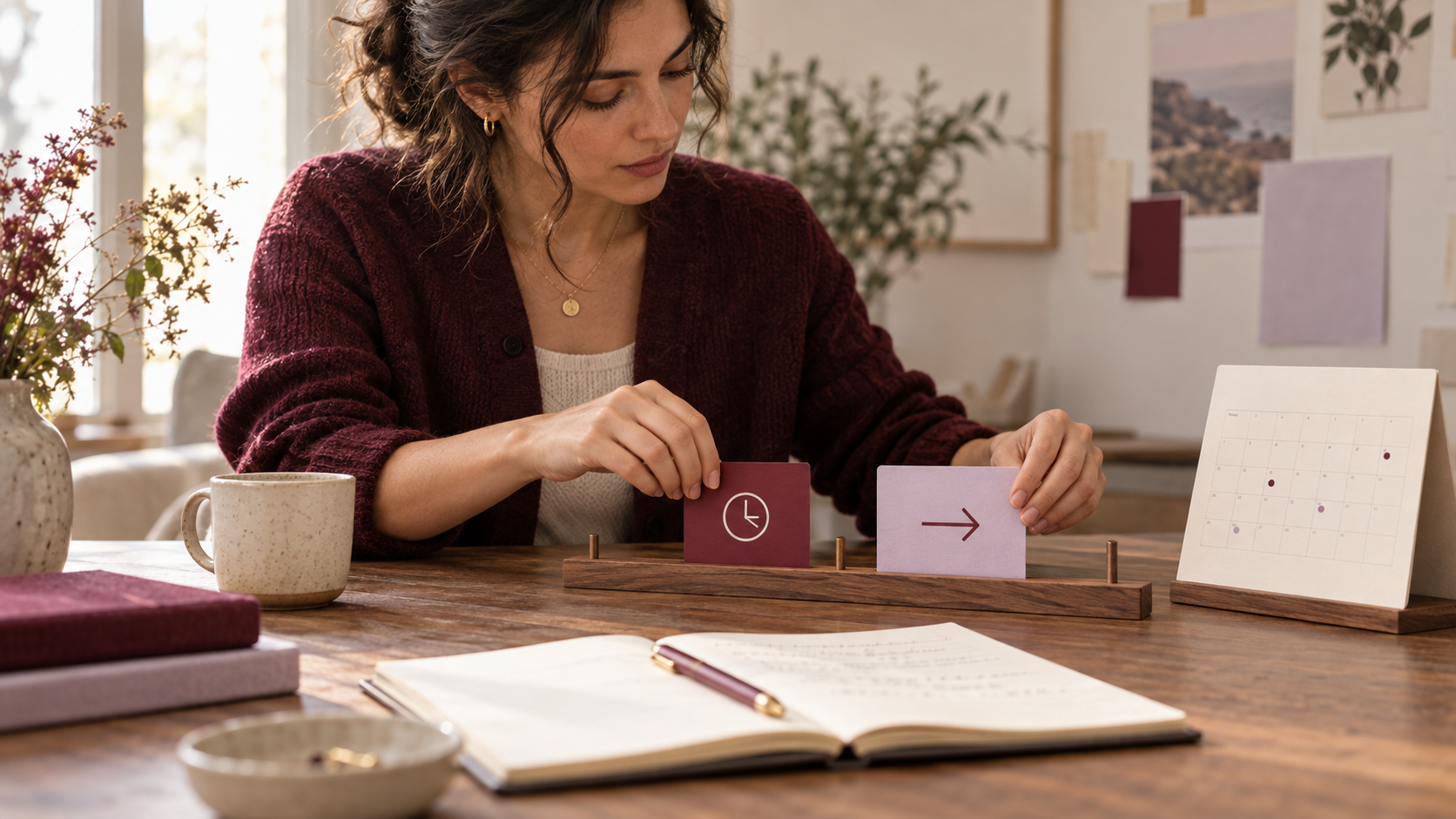 A product engineer arranges burgundy and lilac service cards on a wooden timeline beside a calendar.