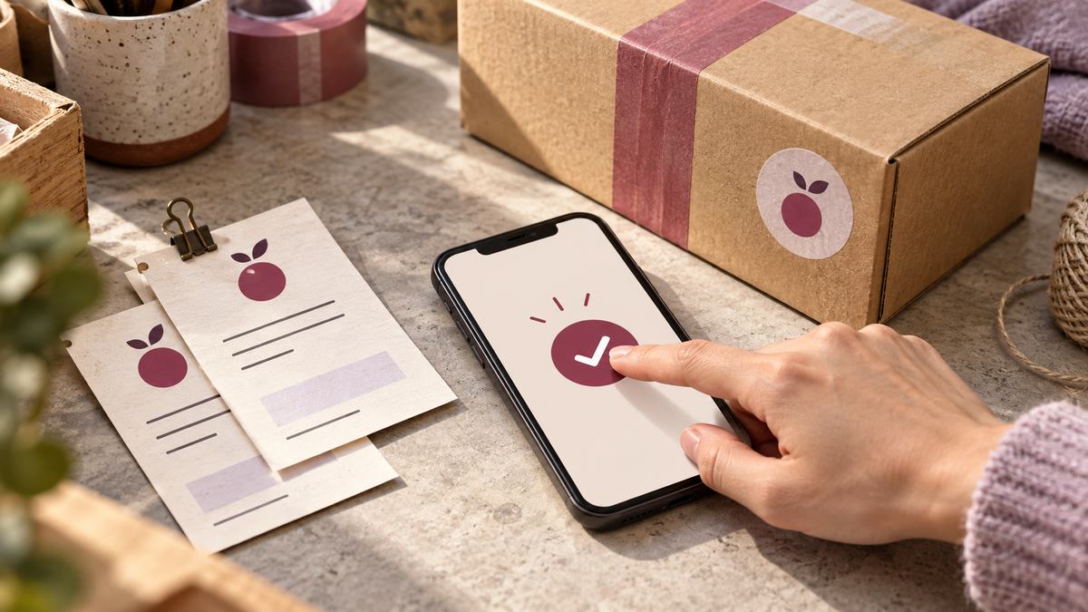 A hand confirms one order on a phone beside matching order slips and one parcel.