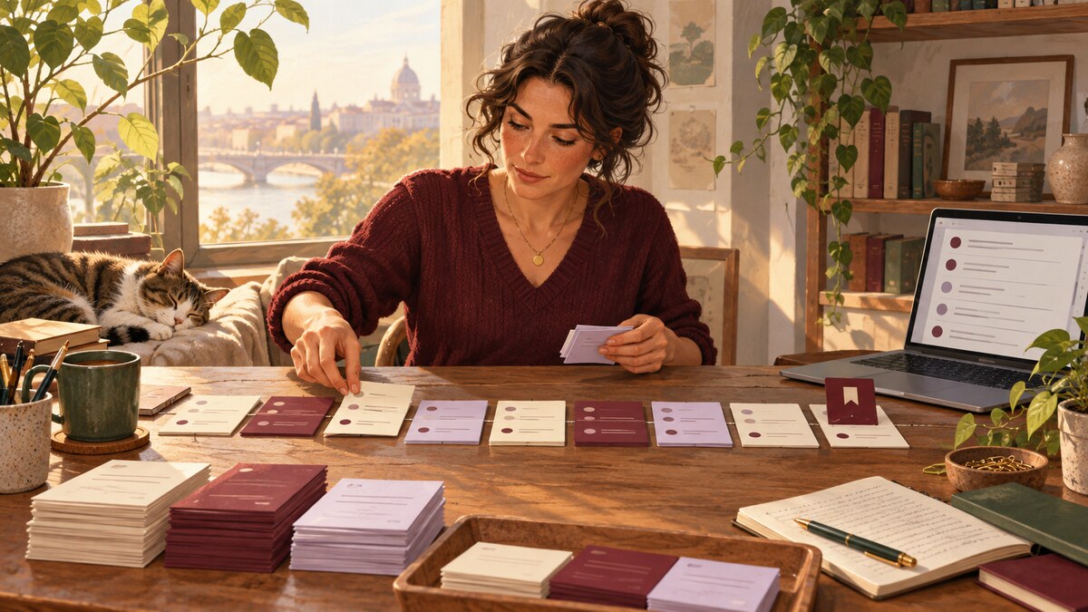 An analyst arranges ivory, burgundy and lilac record cards into pages beside a laptop and a saved place marker.