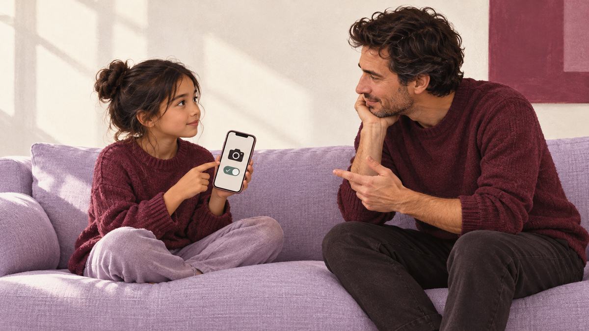A parent and child discuss privacy controls on a phone.