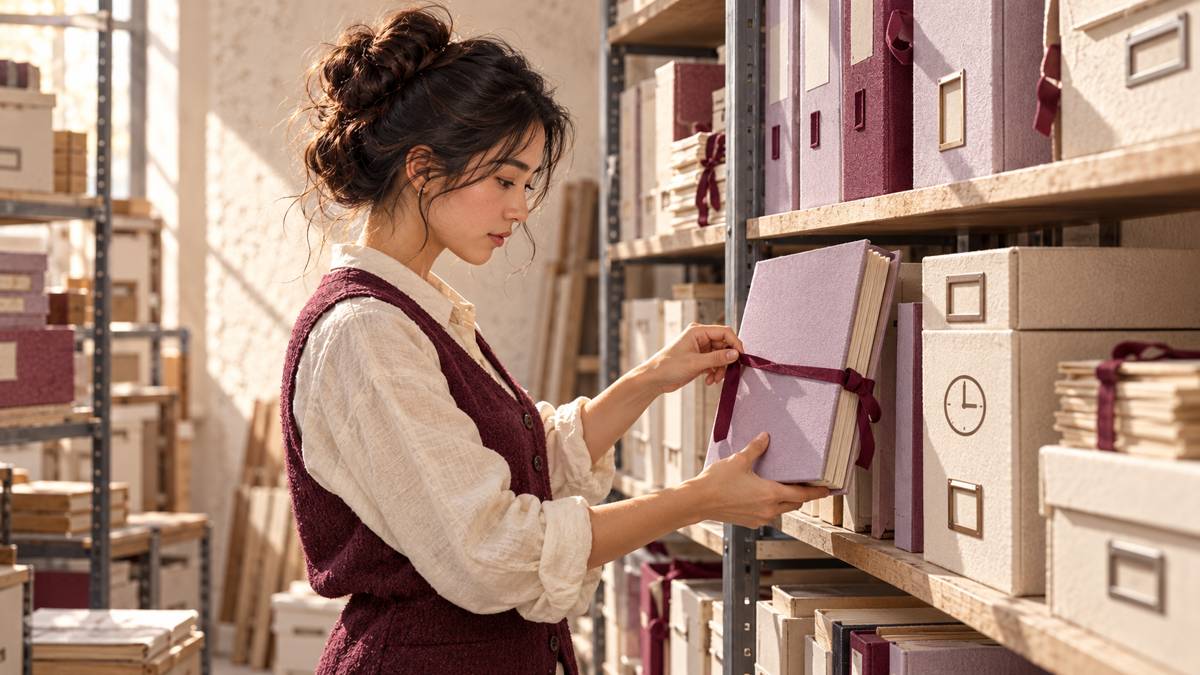 An archivist handles a lilac file among ivory and burgundy archival boxes, with a clock symbol suggesting retention.