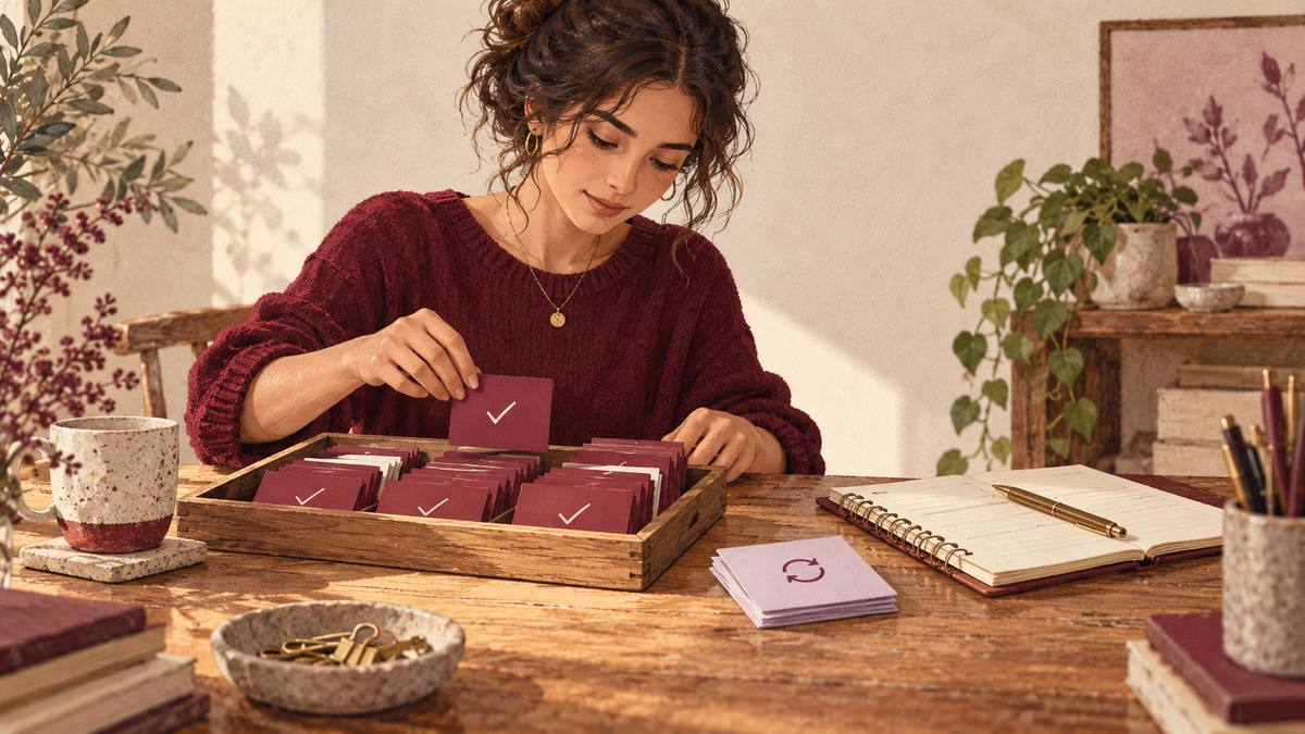 A woman at a wooden workbench separates completed burgundy cards from a lilac batch queued for retry.