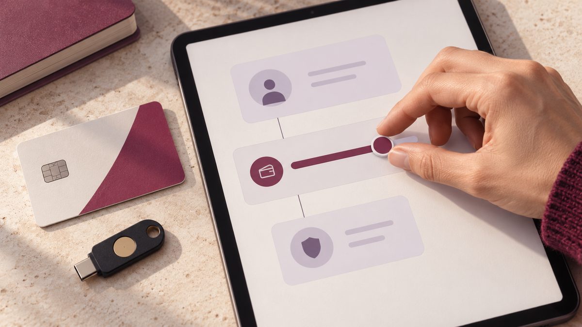 A hand adjusts an authorization setting on a tablet beside a security key.