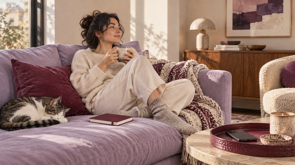 A person rests on a lilac sofa with a closed notebook and phone set aside.