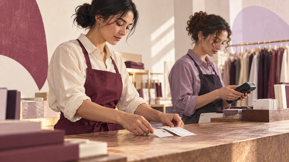 Two shop workers reconcile payments at a clothing store counter.