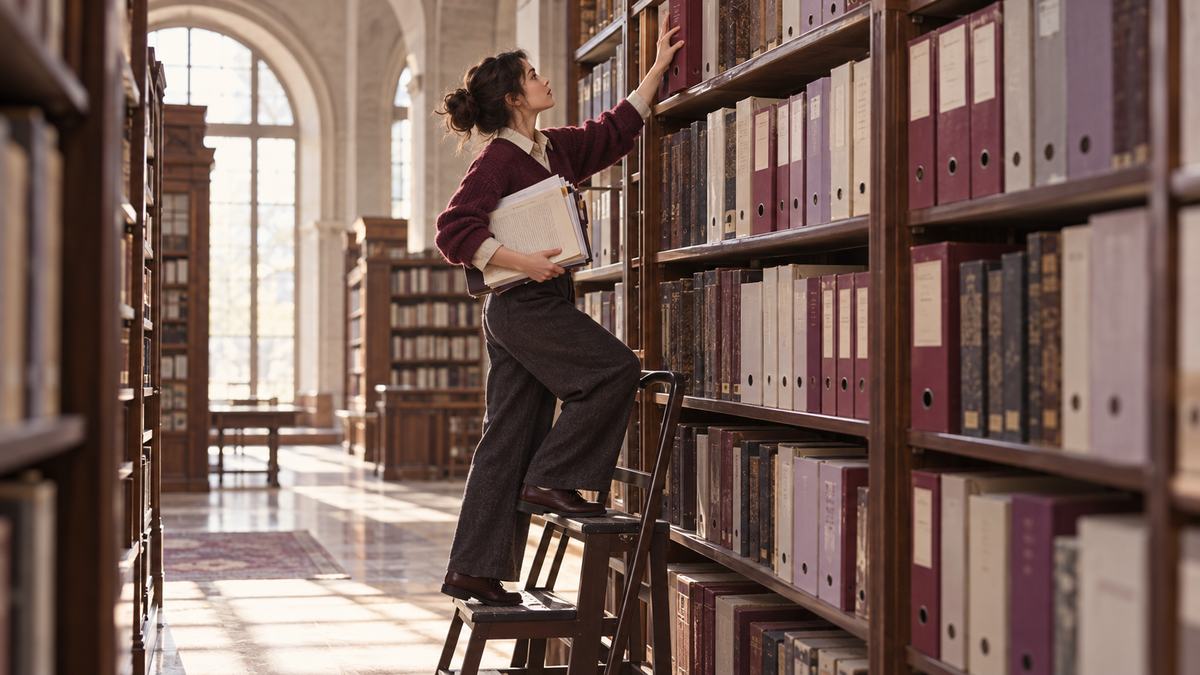 A researcher retrieves a folder from a tall library shelf.