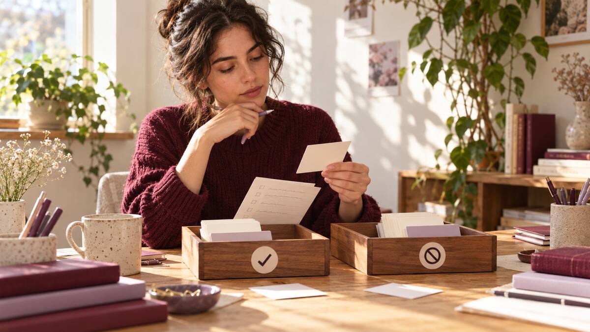 A woman at a warm wooden workbench sorts permission cards into allowed and out-of-scope trays.