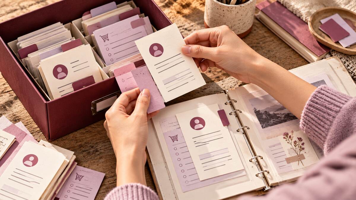 Hands match customer record cards with context slips while moving them from an archive box into a binder.