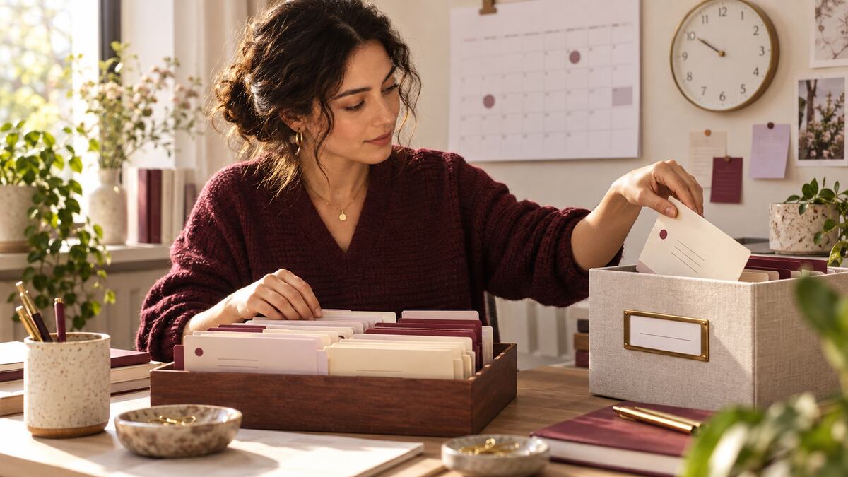 A support operations lead moves a finished customer case card into a retention box beside a calendar and clock.