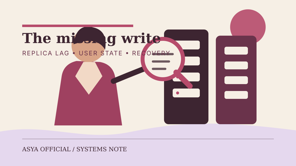 Editorial illustration of a researcher tracing a missing write between two database replicas.