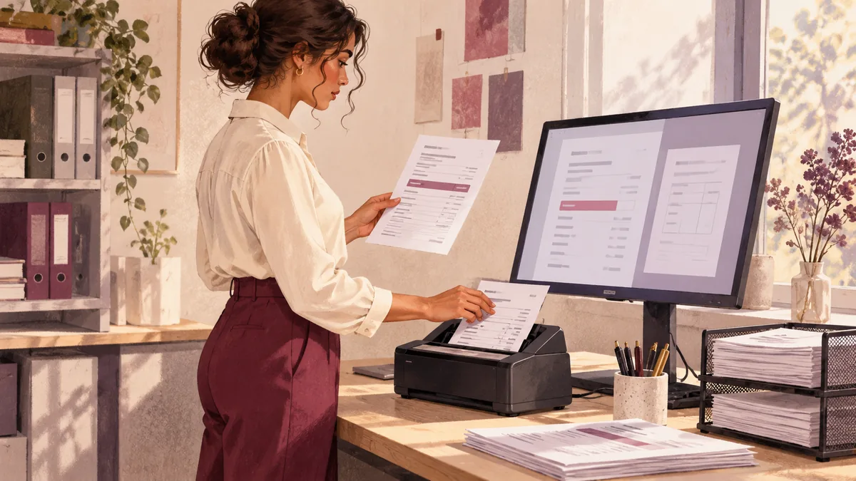 A document specialist feeds an invoice into a scanner while comparing highlighted fields with a monitor.