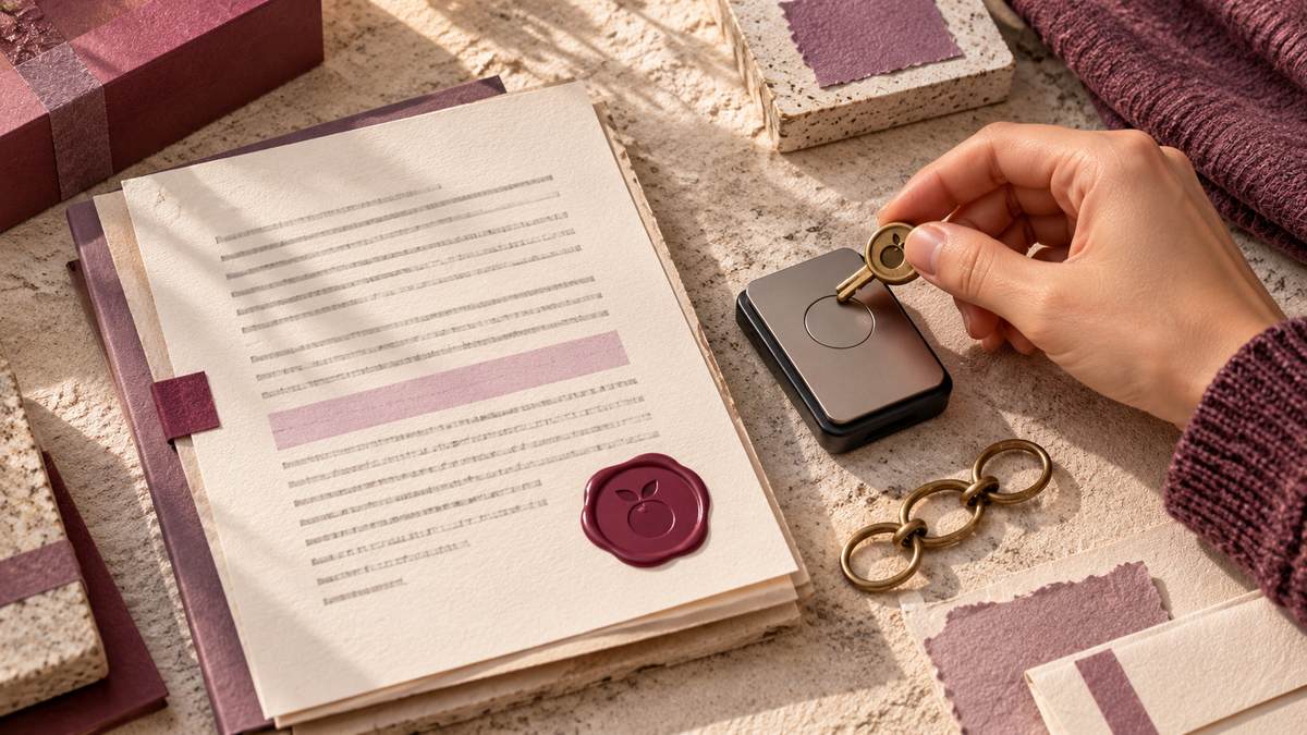 A hand holds a brass key above a compact device beside a stamped paper contract and three linked rings.