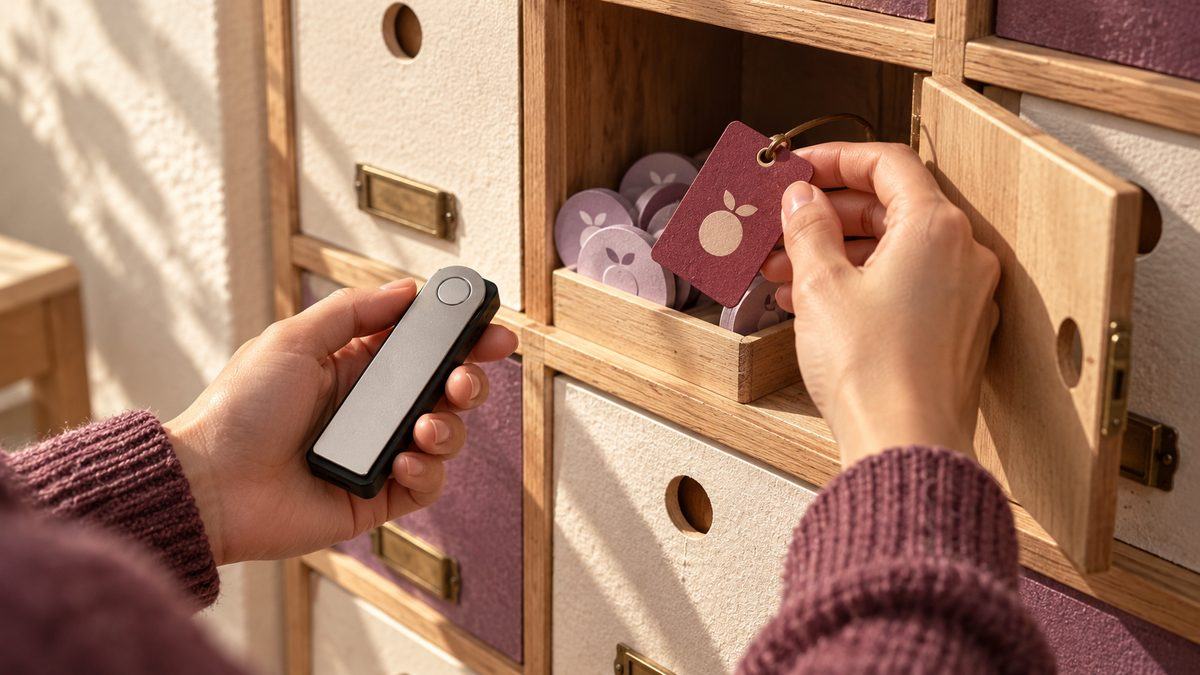 Hands holding a hardware wallet and a burgundy tag beside an open wooden compartment with lilac tokens.