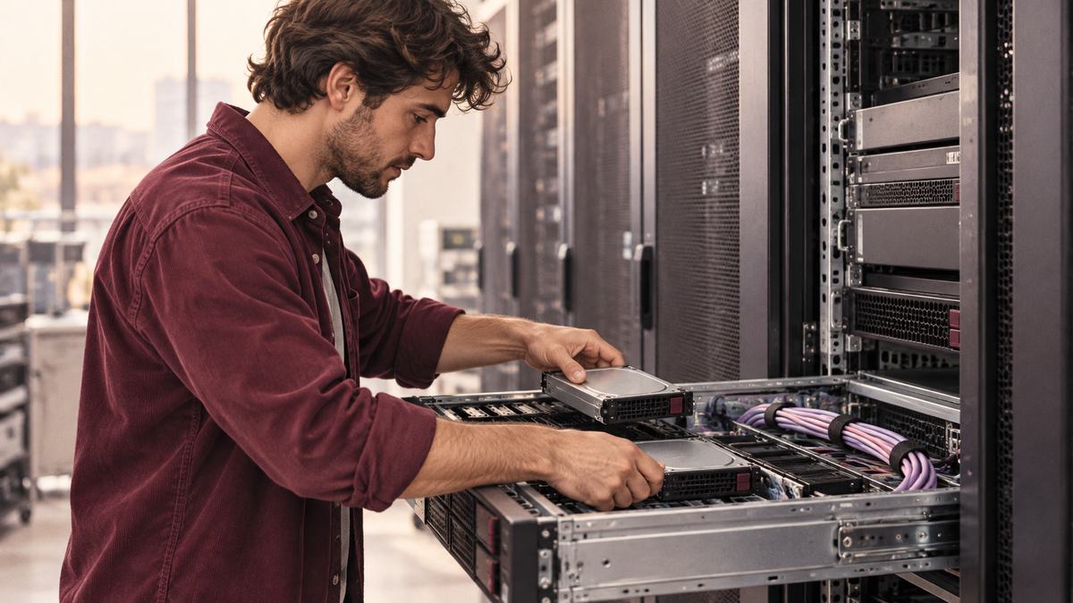 A technician installs a storage drive in a server rack.