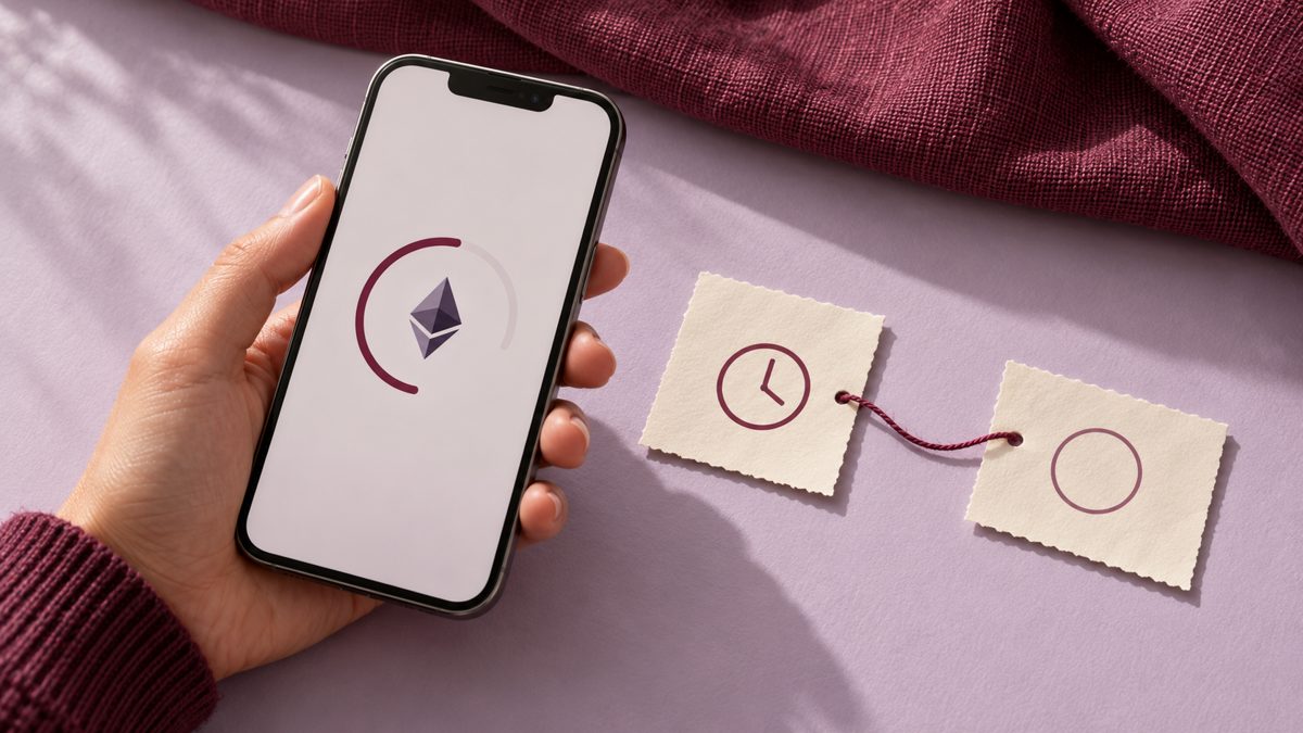 A hand holds a phone with an Ethereum symbol and waiting indicator beside linked paper cards on a lilac surface.