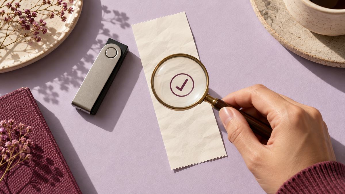 A hand examines a checked paper receipt beside a hardware wallet.