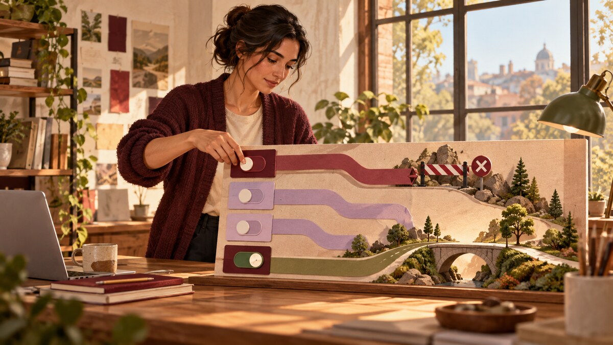 A product engineer adjusts release controls on a warm studio board while keeping a stable route open.