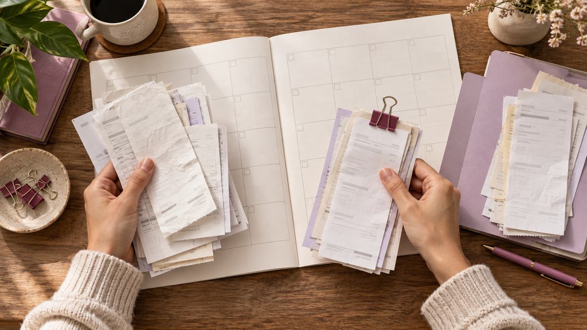 Hands sort matching receipts over two calendar pages.