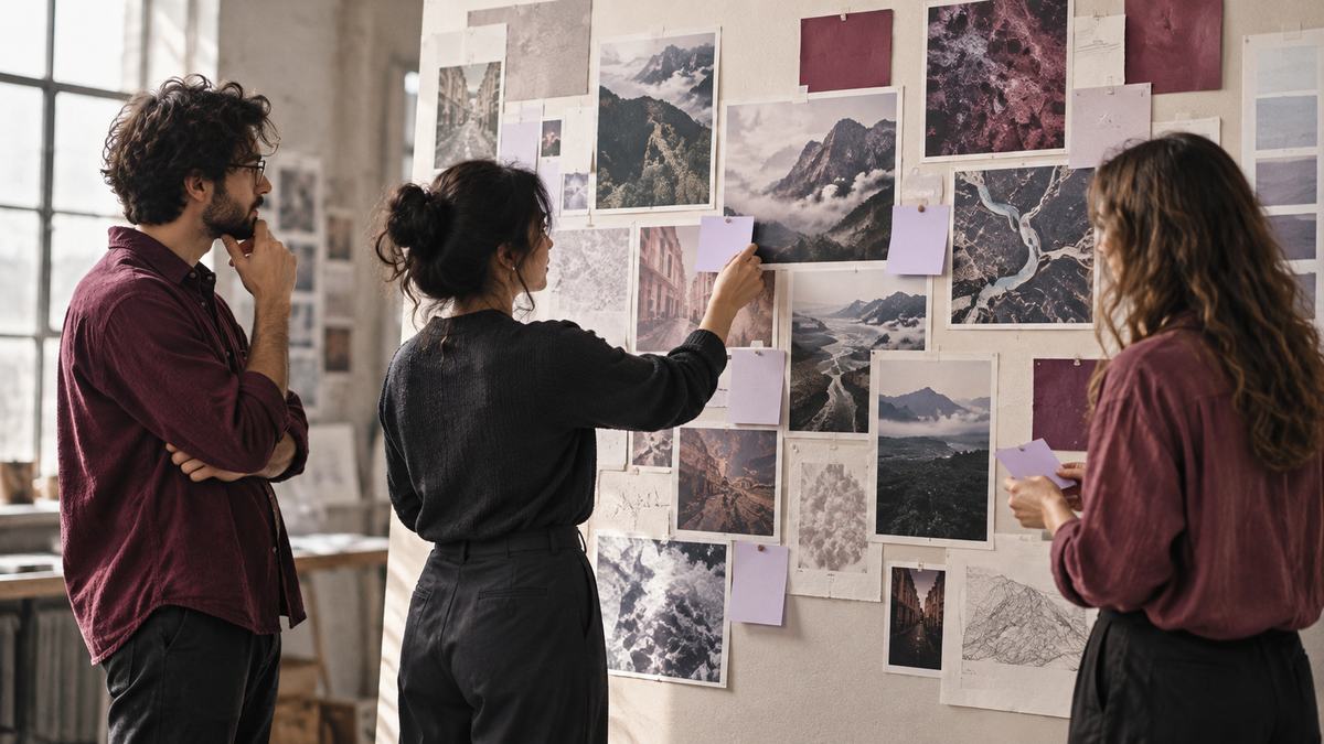 A research team organizes photographs and notes on a wall.