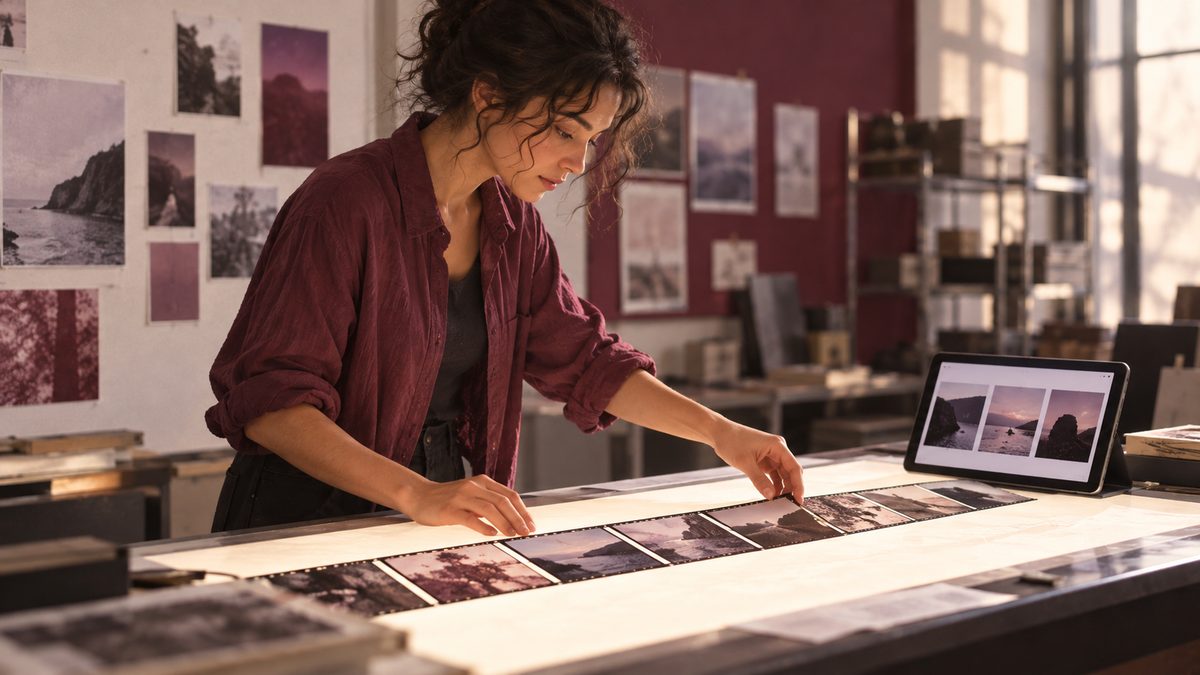 An editor arranges film stills on a light table beside a tablet.