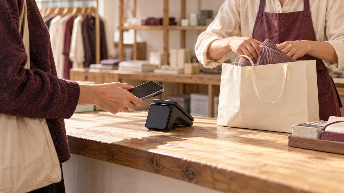 A shopper pays by phone while a shopkeeper packs a garment.