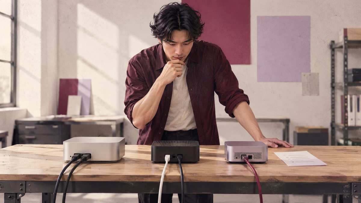 A researcher compares three compact computers on a workshop bench.