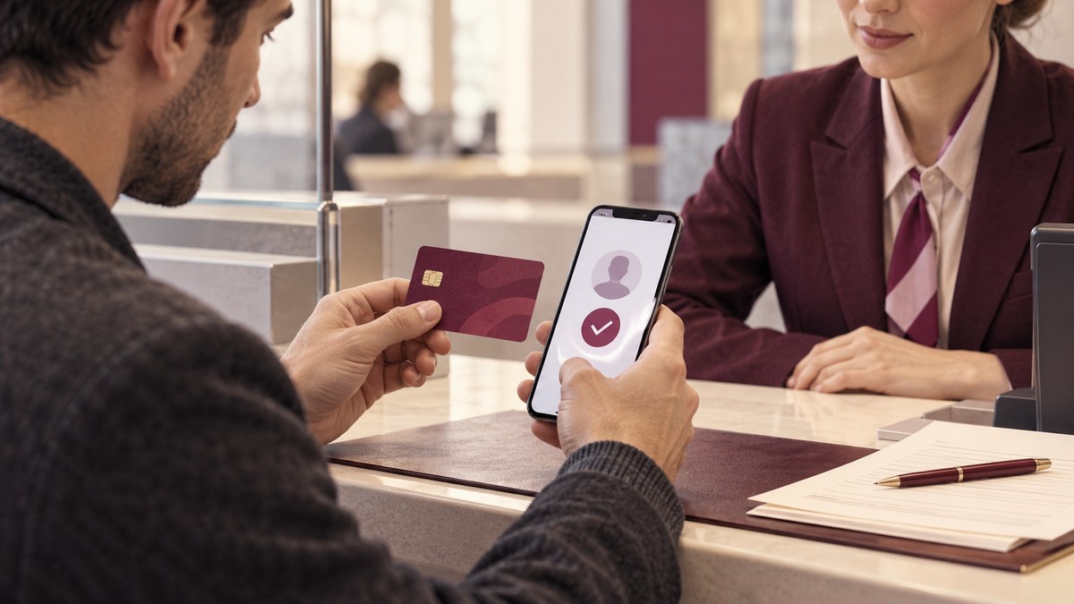 A customer verifies a payment by phone at a bank counter.