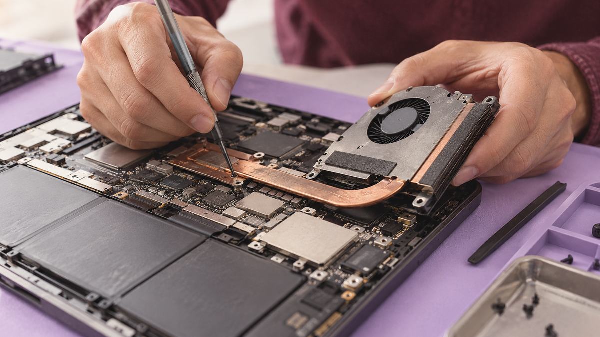 Hands inspect the cooling assembly and circuit board of an open laptop.