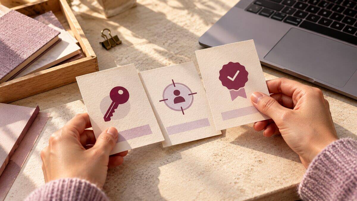 Hands compare a key card, an audience card and a signed credential at a warm ivory worktable.