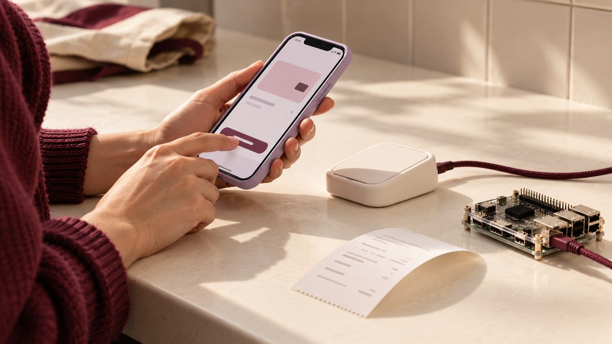Hands test a payment interface beside a small development board and receipt.