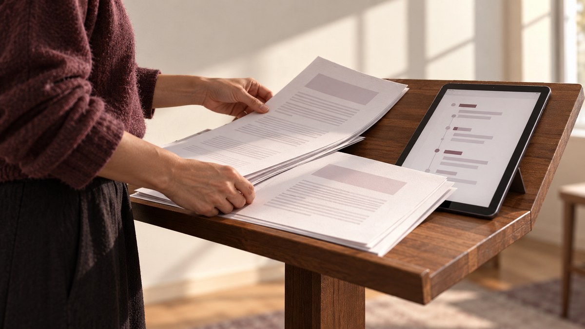 Hands compare printed documents with a document outline on a tablet.