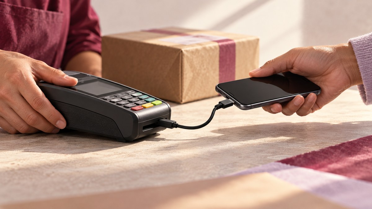 A phone connects to a payment terminal beside a wrapped parcel.