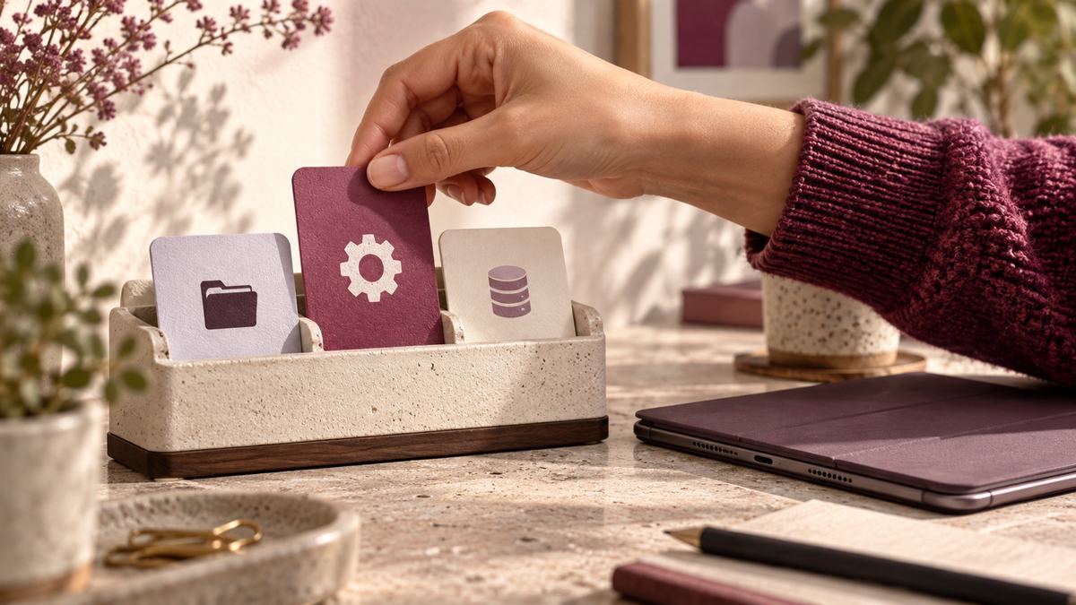 A hand selects a tool-access card from a small organizer.