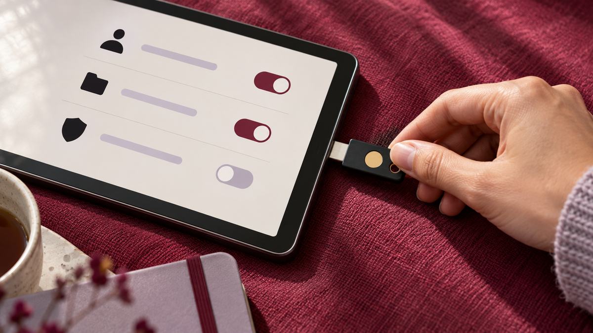 A hand removes a security key beside a tablet with permission switches.