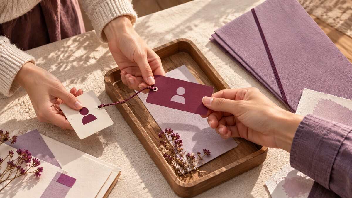 Three hands pass linked burgundy identity cards through a wooden tray on a lilac worktable.