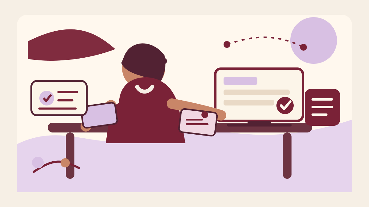 A researcher at a warm workspace checks burgundy and lilac resource cards against an authorization record.