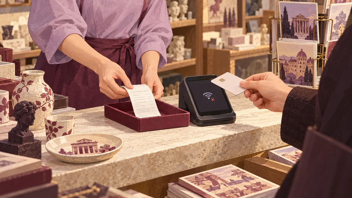 A museum-shop cashier places a receipt in a tray beside a card terminal showing a disconnected network symbol.