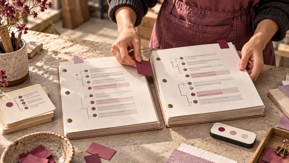 Hands comparing two paper API contracts and marking a version change at a warm studio worktable.