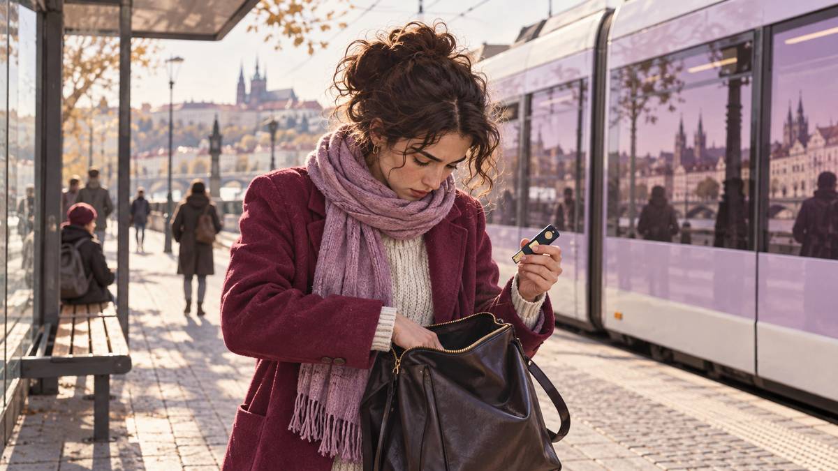 A person searches a bag for a phone while holding a security key at a tram stop.
