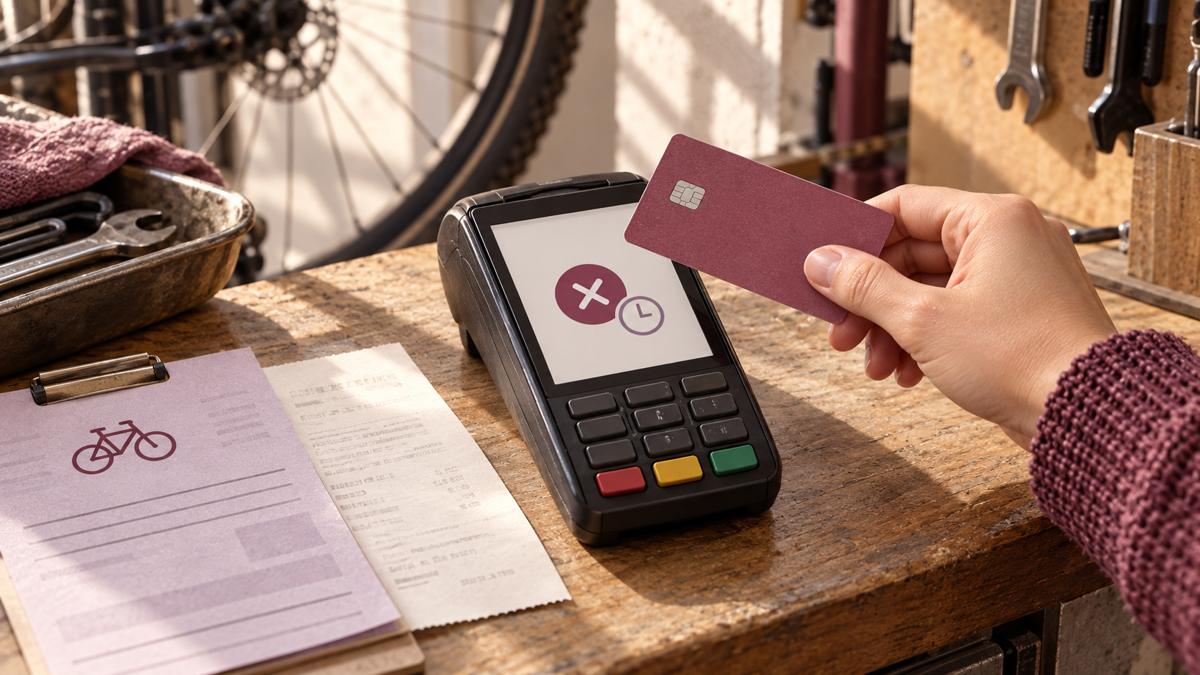 A hand holds a burgundy bank card beside a declined-payment symbol on a card terminal at a bicycle workshop counter.