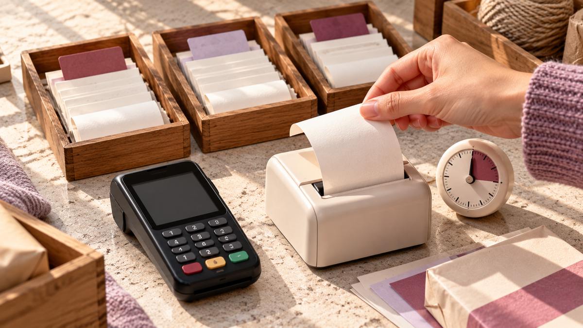 A hand lifting a receipt beside a payment terminal, timer and three wooden receipt trays.