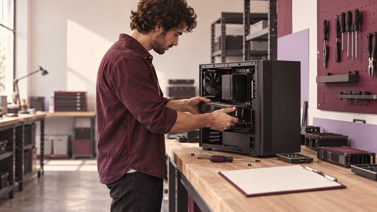 A developer upgrades a desktop computer in a workshop.