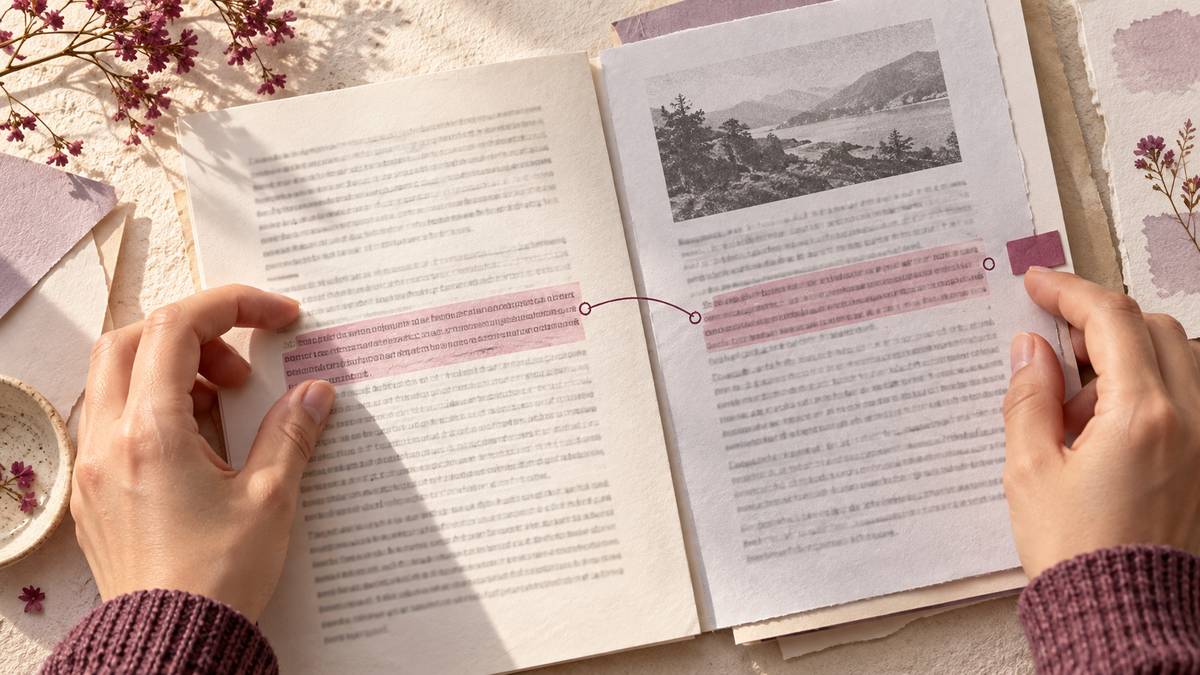 Hands compare matching highlighted passages in two paper source documents.