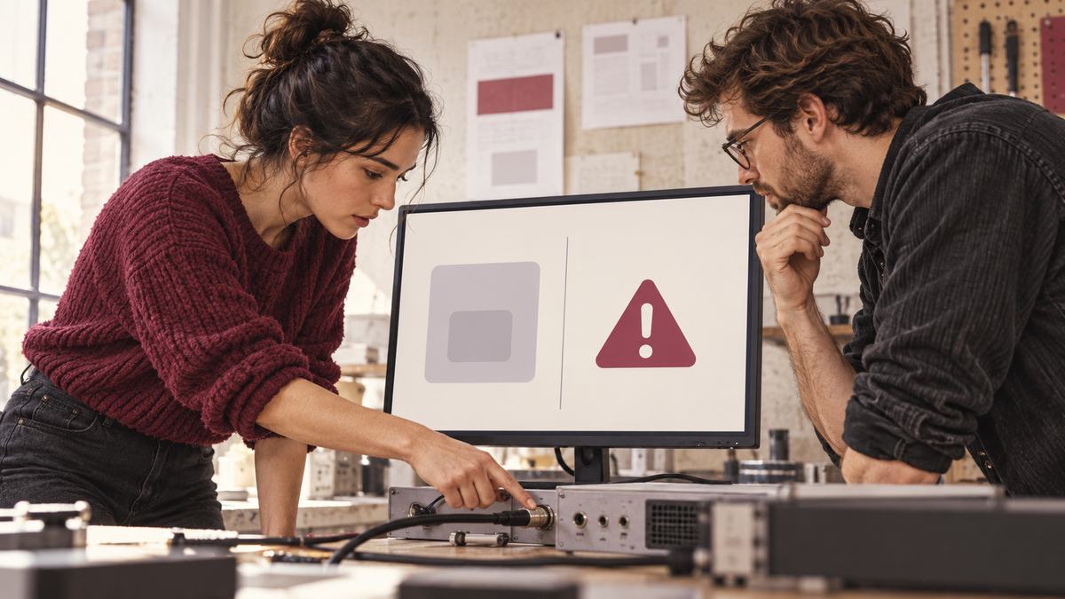 Two developers inspect a connection beside a monitor showing a warning symbol.