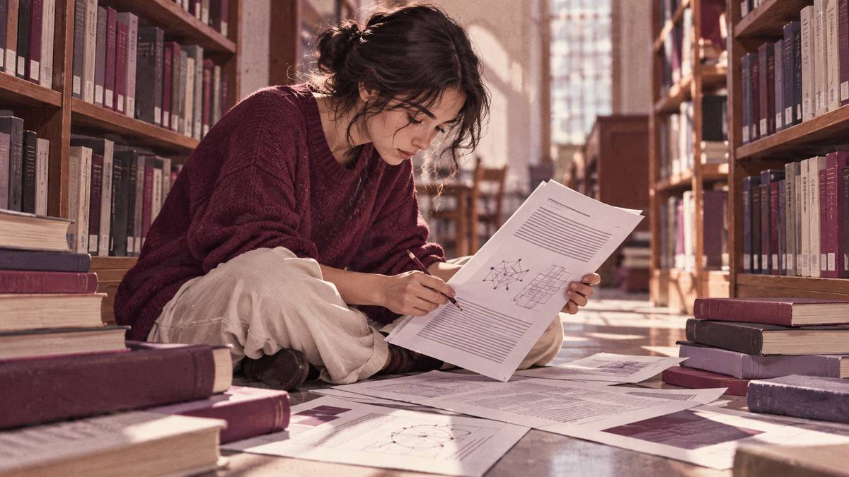 A reader checks research papers among library shelves.