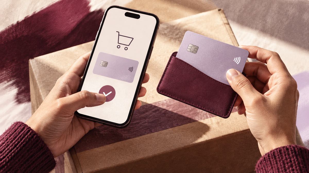 Hands confirm a card purchase on a phone.