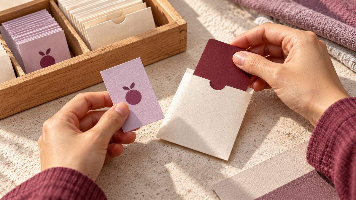 Hands holding a lilac card beside a burgundy card in an ivory sleeve on a wooden desk